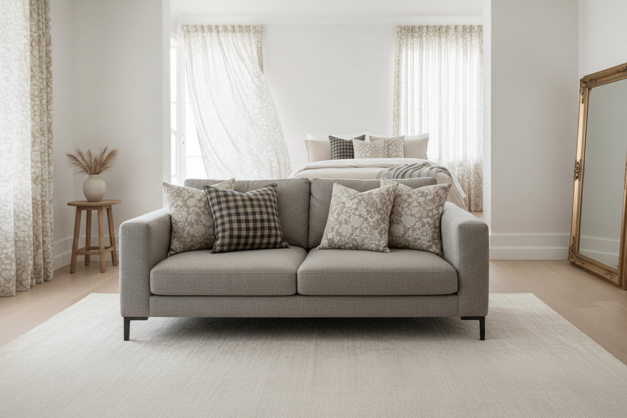 Gray sofa with patterned cushions in a bright living room
